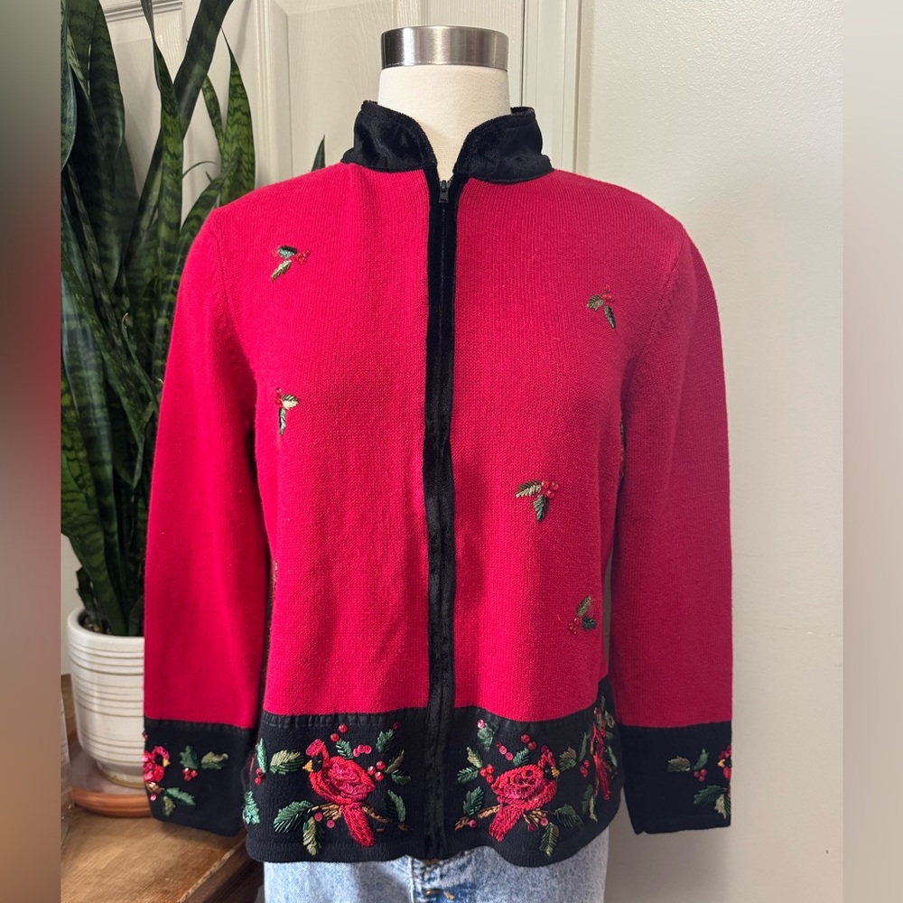 Vintage Heirloom Collectibles Cardinal Zip Cardigan‎ Ramie 90s Holiday large